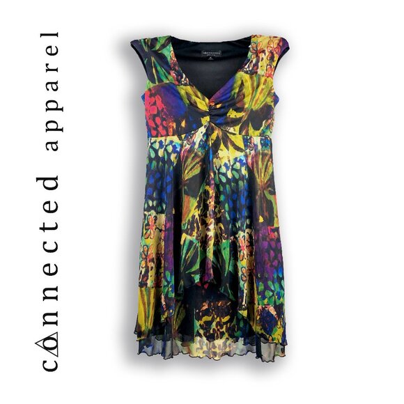 Connected Apparel Dresses & Skirts - V neck cap sleeve cinch empire bust drop pleats semi sheer layered petite dress